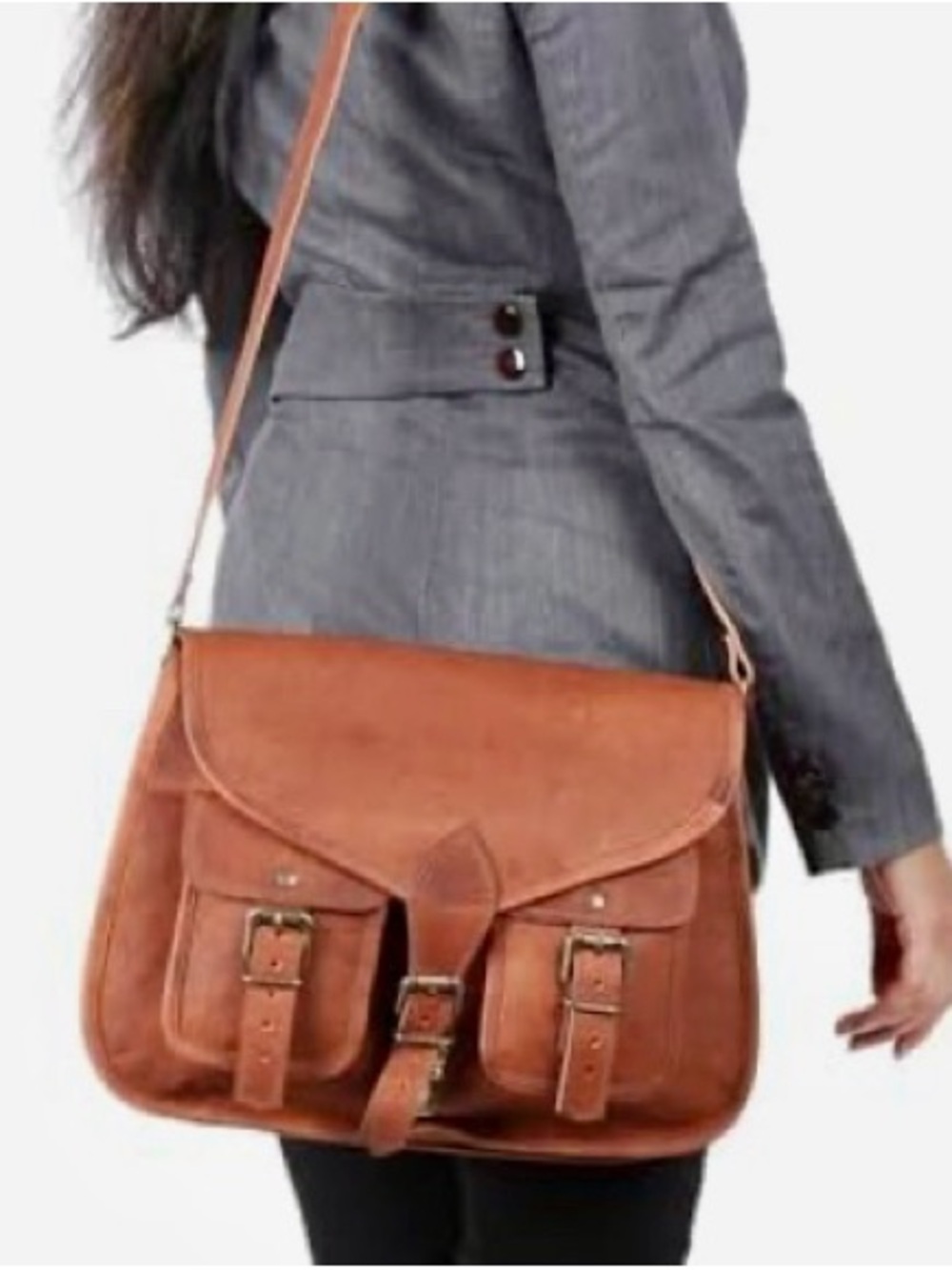 Rich Brown Leather Messenger Bag with Adjustable Strap, multi pockets, Unisex